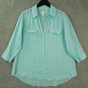 Chicos Shirt Womens 2 US Large Green Blue 1/2 Button Up Lightweight Tunic Top
